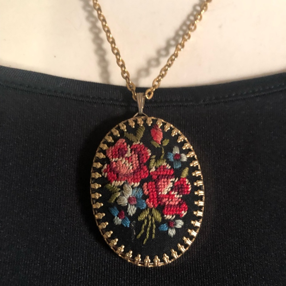Vintage Petit Point Roses Pendant Necklace